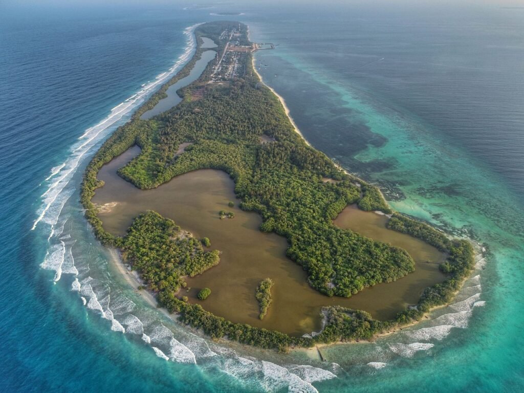 Stunning aerial view of lush Henbadhoo Island surrounded by vibrant ocean waters in Maldives.